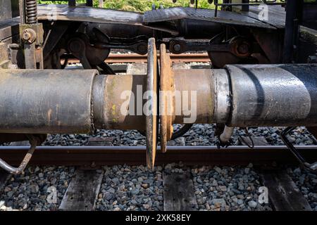 Puffer von gekoppelten historischen Eisenbahnwagen Stockfoto