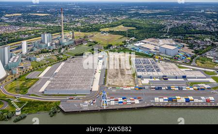 Luftbild, Duisburg-Nord, duisport logport VI Sechs, STEAG Kraftwerk Walsum, Fluss Rhein, Alt-Walsum, Duisburg, Ruhrgebiet, Nordrhein-Westfalen, Deutschland ACHTUNGxMINDESTHONORARx60xEURO *** Luftansicht, Duisburg Nord, duisport logport VI SIX, STEAG-Kraftwerk Walsum, Rhein, Alt Walsum, Duisburg, Ruhrgebiet, Nordrhein-Westfalen, Deutschland ATTENTIONxMINDESTHONORARx60xEURO Stockfoto