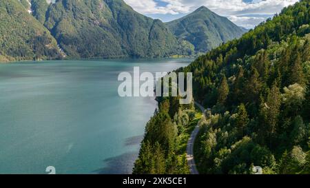 Ein Blick aus der Vogelperspektive auf eine gewundene Straße durch dichten Wald am Rande eines ruhigen Fjords in Norwegen. Die umliegenden Berge sind von üppigem Grün bedeckt, Fjaerlandsfjorden, Fjord, Vestland, Norwegen Stockfoto