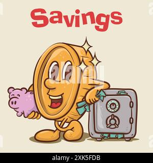 Sparkonzept. Shine Smile Münze Maskottchen hält Schweinebank vor der Tür speichern Depostit Box versteckt Geld. Vintage-Stil Geld Maskottchen Cartoon Charakter vecto Stock Vektor