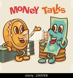 Money Talks Konzept. Shine Coin Maskottchen mit Gesicht und Banknot sprechen Konzept. Vintage Stil Geld Maskottchen Cartoon Charakter Vektor Illustration Stock Vektor