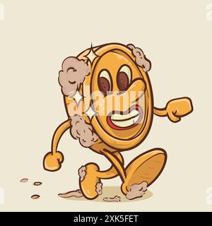 Schmutziges Geld. Shine Coin Maskottchen mit Gesicht mit Dirtr Mülleimer Konzept. Vintage Stil Geld Maskottchen Cartoon Charakter Vektor Illustration Stock Vektor
