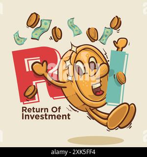 ROI-Konzept. Glänzendes Münzmaskottchen mitten im ROI-Textkonzept. Vintage-Stil Geld Maskottchen Zeichentrickfigur Vektor Illustration Stock Vektor