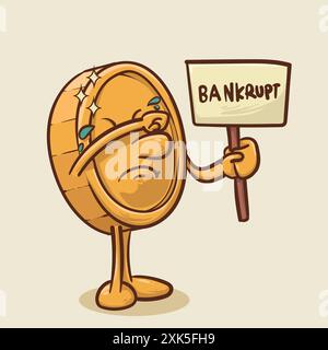 Bankruptes Konzept.Shine Münze Maskottchen mit Gesicht traurig schreien halten Insolvenz Zeichen Konzept.Vintage Stil Geld Maskottchen Zeichentrickfigur Vektor Illustration Stock Vektor