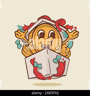 Bonusgeld-Konzept. Glänzende Münze Maskottchen kommt aus Geschenkbox Konzept. Vintage-Stil Geld Maskottchen Cartoon Charakter Vektor Illustration Stock Vektor