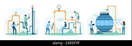 Tankstelleninspektion, Engineering Set. Winzige Leute steuern Gasfluss und -Lagerung mit Diagramm und Einstellungen, Ingenieure überprüfen die Sicherheit von Behälter, Rohr und Ventil auf Lecks Cartoon Vektor Illustration Stock Vektor