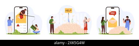 E-Mail-Spam-Überladung, Phishing-Angriff gesetzt. Winzige Menschen ertrinken in Briefen und Postfachnachrichten mit Hilfe-Zeichen, Betrugswarnung und Fischerei-Drohung von Gelddiebstahl durch kriminelle Cartoon-Vektor-Illustration Stock Vektor