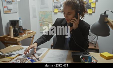 Eine fokussierte Detektivin analysiert Beweise an ihrem überfüllten Polizeirevier, während sie am Telefon spricht. Stockfoto