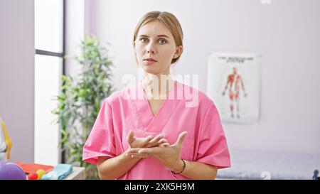 Eine blonde Ärztin in einem rosa Peeling steht in einer Klinik mit einem Anatomie-Poster im Hintergrund. Stockfoto