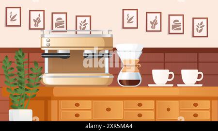 Coffee-Shop-Theke mit Kaffeemaschine, Chemex-Kaffeemaschine mit gebrühtem Kaffee, zwei leeren weißen Tassen auf Untertassen, gerahmte botanische Kunst, A Stock Vektor