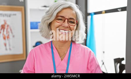 Lächelnde grauhaarige Frau in rosafarbenen Stühlen steht in einem Klinikinnenraum mit medizinischen Plakaten im Hintergrund. Stockfoto