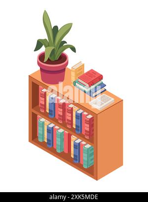 Hölzerner Bücherregal mit Büchern und Blumentopf oben. Hardcover-Bücher in großem Regal. Isometrische Vektordarstellung isoliert auf weißem Hintergrund Stock Vektor