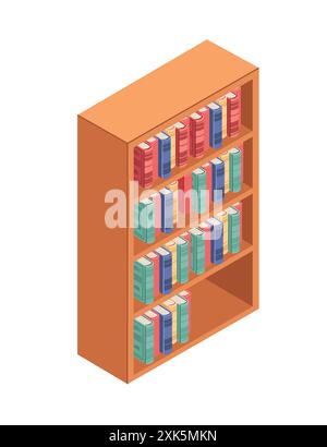 Hölzerner Bücherregal mit Büchern. Hardcover-Bücher in großem Regal. Isometrische Vektordarstellung isoliert auf weißem Hintergrund. Stock Vektor