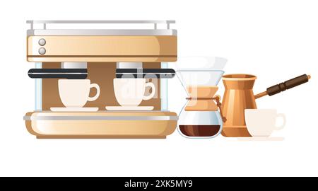 Verschiedene Kaffeezubereitungswerkzeuge: Eine Espressomaschine mit zwei Tassen, eine Chemex mit gebrühtem Kaffee, eine Cezve und eine weiße Tasse auf einer Untertasse, Vektorillustration Stock Vektor