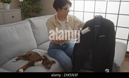 Eine junge, schöne kaukasische Frau in einer Wohnung mit einem Fusselroller auf einem Blazer neben ihrem schlafenden Hund im Wohnzimmer. Stockfoto