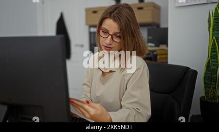 Schöne blonde Frau, die drinnen in einem Büro arbeitet, ein Dokument in der Hand analysiert, mit einem Computer an einem Schreibtisch sitzt und eine Brille trägt. Stockfoto