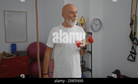 Mann, der drinnen mit einer roten Kurzhantel in einer Turnhalle arbeitet, fokussiert aussieht und ein weißes T-Shirt trägt, umgeben von verschiedenen Sportgeräten. Stockfoto