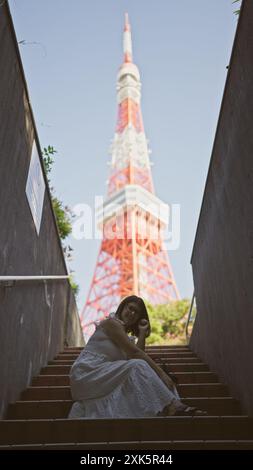 Wunderschöne hispanische Frau in Brille auf Treppen, ein Porträt der städtischen Moderne an tokios berühmtem Turmspot Stockfoto