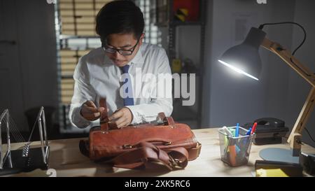 Ein junger asiatischer Mann untersucht den Inhalt einer Aktentasche aus Leder in einer schwach beleuchteten Büroumgebung. Stockfoto