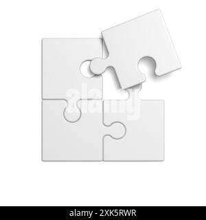 Vier Puzzleteile isoliert auf weißem Hintergrund. Leer. 3D-Abbildung. Stockfoto