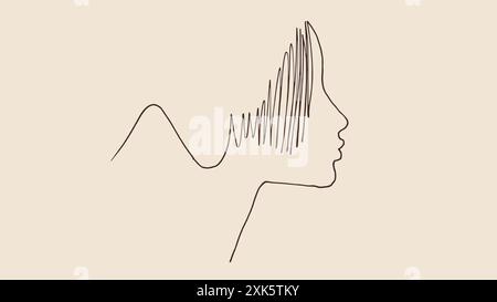Minimalistisches Line-Art-Profil einer Frau mit welligen Haaren und bergsähnlichen Kurven Stock Vektor