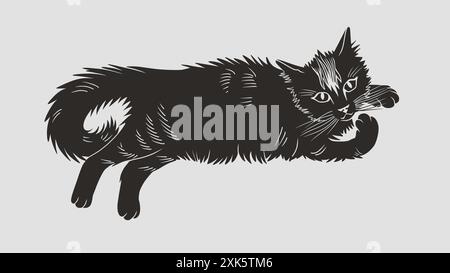 Illustrierte langhaarige Katze in entspannter Pose, Schwarze Silhouette auf weißem Hintergrund Stock Vektor