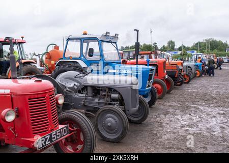 Ballymena, Nordirland - 20. Juli 2024: Rallye mit Oldtimer-Traktoren und Dampflokomotiven, Reihe klassischer Landwirtschaftsfahrzeuge. Konzeptlandwirtschaft, ländlich Stockfoto