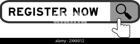 Suchbanner in der Wortregistrierung jetzt mit dem Symbol für die Handlupe auf weißem Hintergrund Stock Vektor