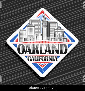 Vektor-Logo für Oakland, weißes dekoratives Rautenschild mit Linienillustration der berühmten oakland Stadtlandschaft, Kunstdesign Kühlschrank Magnet mit Uni Stock Vektor