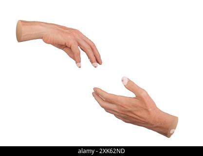 Zwei Hände, die sich gegenseitig nach Liebe, Einheit, Hilfe, ausstrecken, isoliert auf weißem Hintergrund. Stockfoto