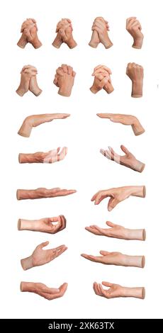 Ineinander verflochtene Finger, geklammerte Gesten, Hand halten, offene Hand nehmen isoliert auf weißem Hintergrund, Set. Stockfoto