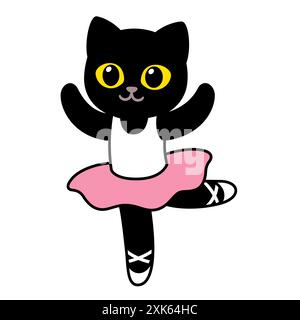 Niedliche Cartoon Ballett-Tänzerin-Kätzchen. Kleine schwarze Katze Ballerina tanzt in rosa Tutu. Kawaii und einfache Vektorzeichnung, Clip-Art-Illustration. Stock Vektor