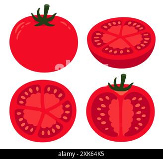 Handgezeichnetes Cartoon Tomaten-Set. Gesamtes Gemüse und Querschnitt. Illustration isolierter Vektorgrafik. Stock Vektor