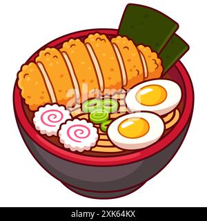Katsu Ramen Zeichentrickzeichnung, japanisches Essen. Nudelsuppe mit frittiertem Huhn oder Schweinekotelett. Niedliche Zeichentrickvektor-Illustration. Stock Vektor
