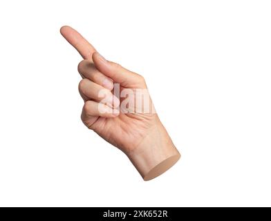 Mit dem Finger zeigende Geste. Zeigefinger, Zeiger anzeigen, auswählen. Handschild, isoliert auf weißem Hintergrund. Stockfoto
