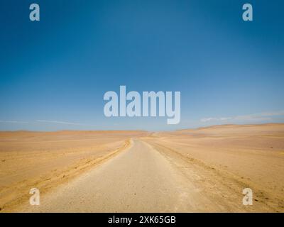 Wüstenstraße, die sich durch sandige Landschaft unter klarem blauen Himmel kurvt. Outdoor-Reise- und Abenteuerkonzept. Luftaufnahme der Wüstenroute. Stockfoto