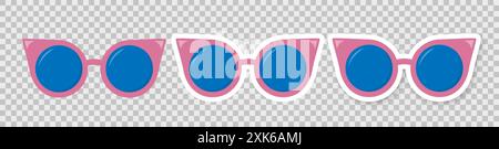 Eine rosa Sonnenbrille auf transparentem Hintergrund. Ein Aufkleber mit Brille. Stock Vektor