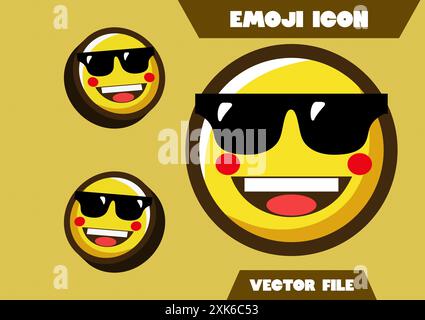 Hochwertiges Emoticon mit Sonnenbrille. Emoji-Vektor. Cooles lächelndes Gesicht mit Sonnenbrille Vektor Illustration. Gelbes Gesicht mit breitem Lächeln in Schwarz Stock Vektor