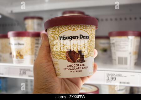Los Angeles, Kalifornien, USA - 18.03.2021: Ein Blick auf eine Hand, die einen Karton mit Schokoladeneis von Haagen-Dazs hält. Stockfoto