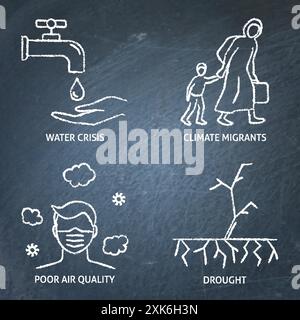 Symbolsatz „Folgen des Klimawandels“. Wasserkrise, schlechte Luftqualität, Dürre und Klimaflüchtlinge. Vektorabbildung. Stock Vektor