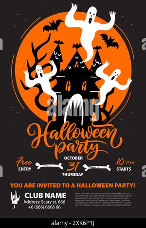 Halloween-Party-Poster, Flyer mit gruseligen Haunted Mansion mit Geistern und Vollmond. Halloween Party Banner Design Vorlage. Stockfoto