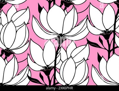 Einfache Kontur nahtloses Muster aus weißen Magnolien auf rosa Hintergrund, Textur Stockfoto