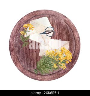 Blaue tansy Blumen, Umschläge, eine Schere auf einem Holztablett Aquarellkomposition isoliert auf weiß. Handgemalte Illustration, ideal für Aufkleber Stockfoto