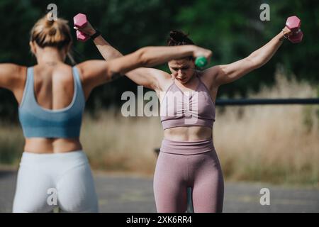 Zwei Frauen trainieren in einem sonnigen Park und heben während eines Workouts im Freien Kurzhanteln Stockfoto