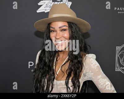 20. Juli 2024, Santa Monica, Kalifornien, USA: Meagan Good nimmt an „A Night with Whoopi“ Teil, um die neue Cannabis-Marke „Emma & Clyde“ von Whoopi Goldberg zu feiern (Bild: © Billy Bennight/ZUMA Press Wire) NUR ZUR REDAKTIONELLEN VERWENDUNG! Nicht für kommerzielle ZWECKE! Stockfoto