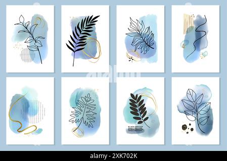 Pinselstrich mit Aquarellfarbe. Abstrakte Pastelltöne, Fleckenform und Logoelemente in Goldaquarell. Schwarze Linien und Blumen. Poster, Flyer oder Cover-Set. Vektor minimalistischer organischer Hintergrund Stock Vektor