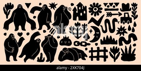 Abstrakte Menschen. Formen kritzeln. Handgezeichnete Blumen und menschliche Körper. Geometrieschatten. Einfache Flächen. Schwarze Silhouetten. Moderne Kunst. Flache Figuren. Minimale kindliche Skizze. Vector Scribble Elements Set Stock Vektor