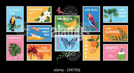 Sommermarken. Tropische Strandreise. Postaufkleber und Siegel. Exotische Früchte. Palmenpflanzenblätter. Urlaub auf Hawaii. Dschungeltiere und Vögel. Seetourismus. Trendiges Muster. Vektorstempel-Komposition Stock Vektor