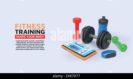3D-Sport-Rendering. Gym-Übungen, Hantel-Workout mit Gewicht- und Gesundheitstraining, Yoga-Trinkflasche. Smartphone mit Anwendung auf dem Bildschirm. Webbanner-Design. Sportplakat. Vektor-isolierter Satz Stock Vektor