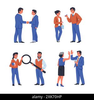 Vertragsunterzeichnung. Vereinbarung mit Geschäftsleuten. Kommunikation mit Menschen. Besprechung des Büros für Verhandlungen. Geschäftsmitarbeiter. Überwachungslupe. Partner Handshake. Deal dokumentiert Unterschrift. Vektormanager festgelegt Stock Vektor